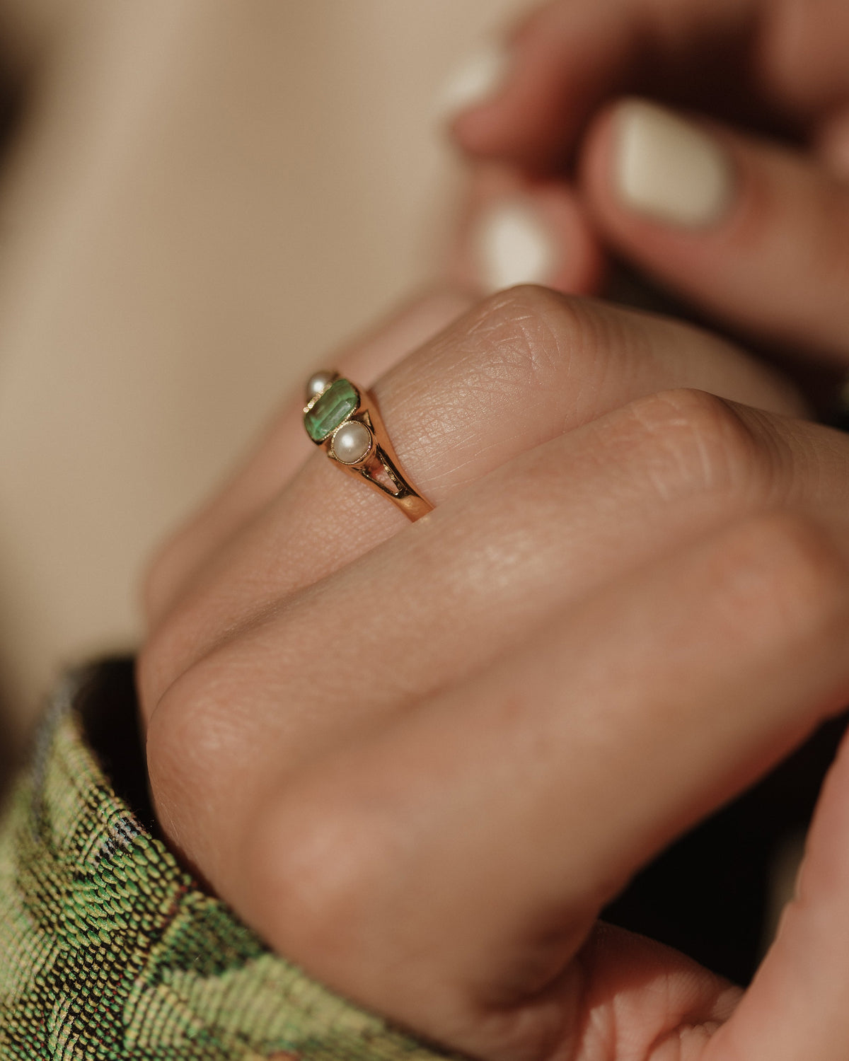 Constance Antique 18ct Gold Emerald & Pearl Trilogy Ring