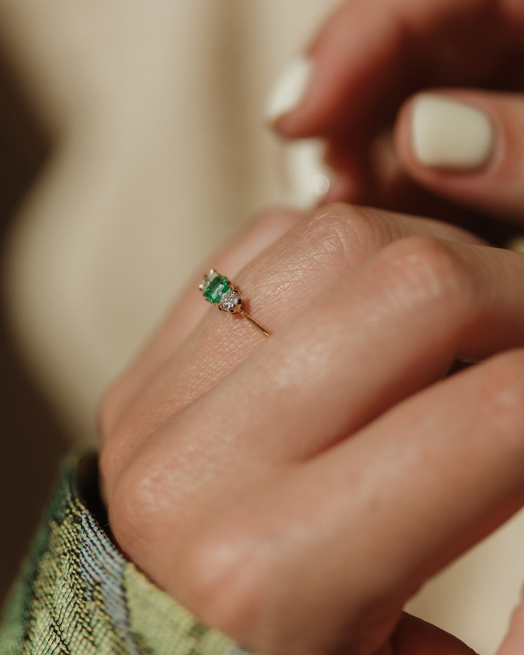 Elva Vintage 14ct Gold Emerald & Diamond Trilogy Ring