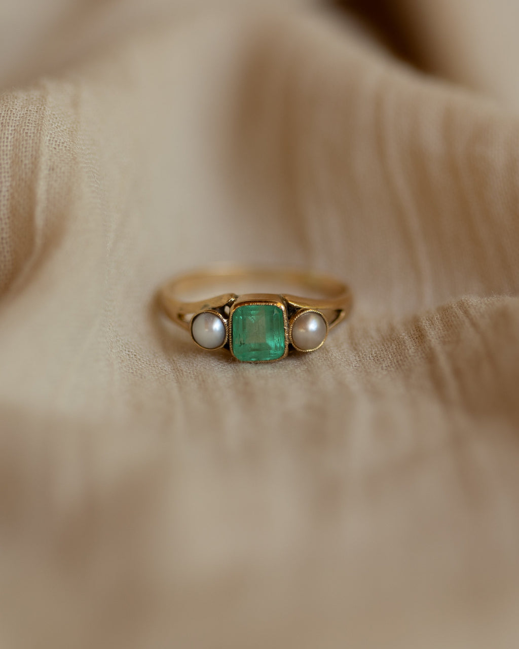Constance Antique 18ct Gold Emerald & Pearl Trilogy Ring