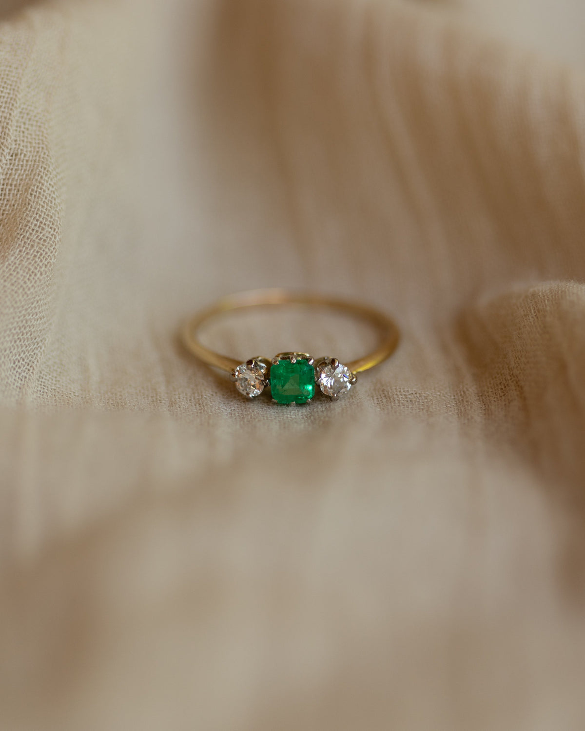 Elva Vintage 14ct Gold Emerald & Diamond Trilogy Ring