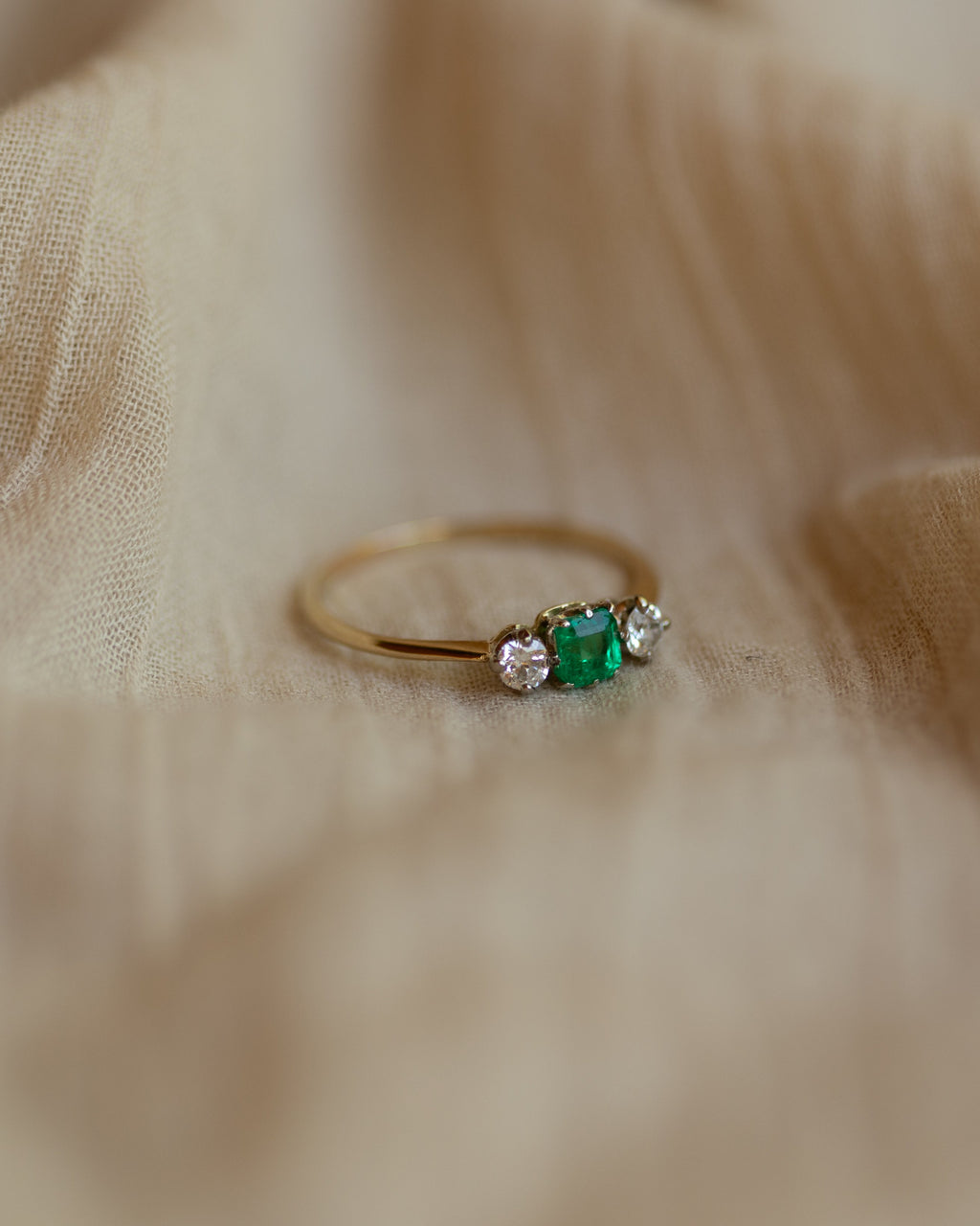 Elva Vintage 14ct Gold Emerald & Diamond Trilogy Ring