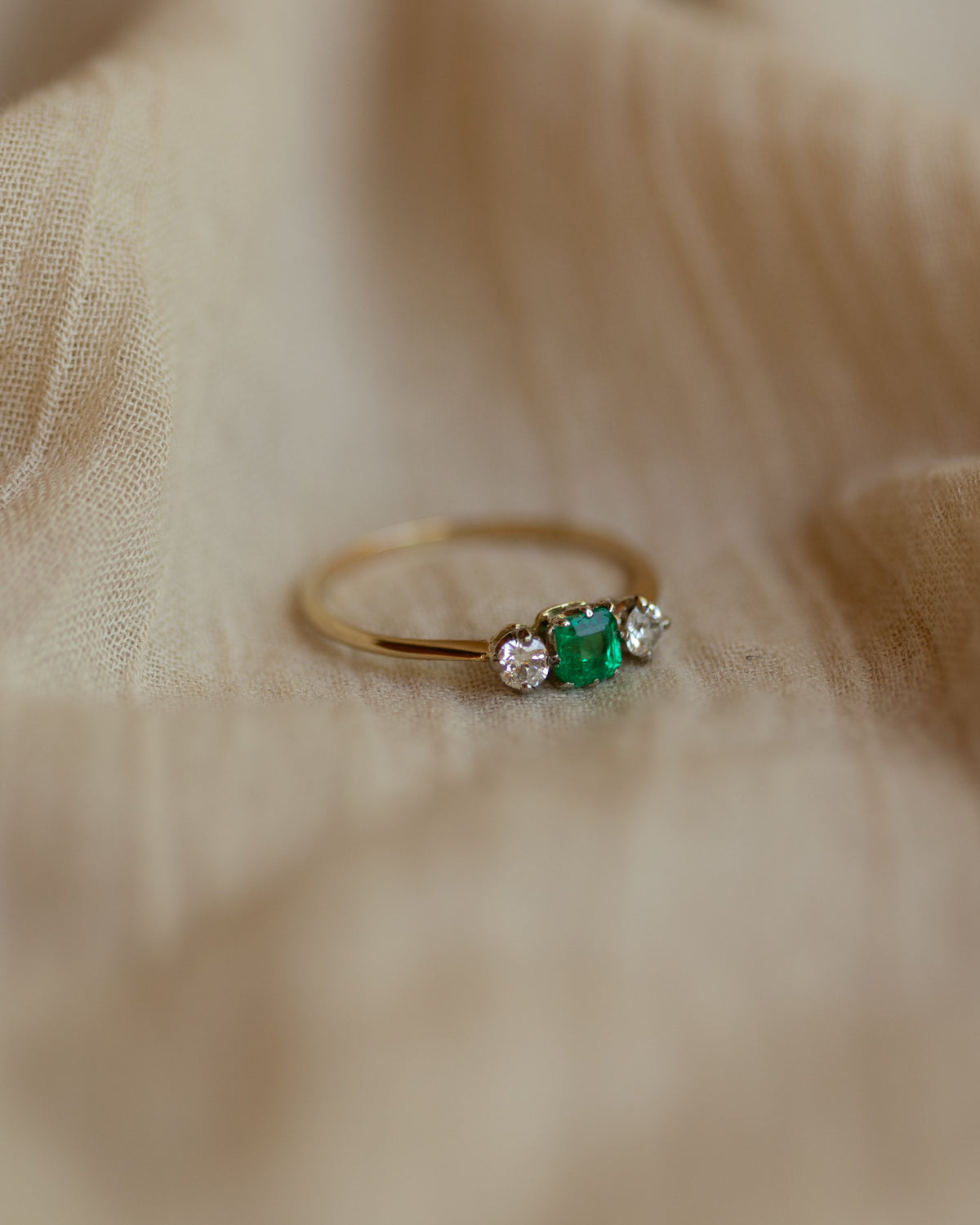 Elva Vintage 14ct Gold Emerald & Diamond Trilogy Ring