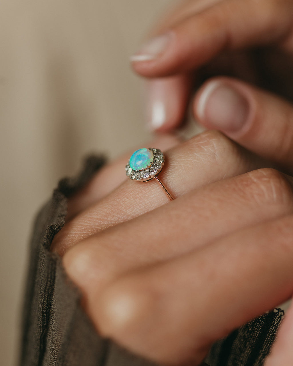 Albertine Antique 18ct Gold Opal & Diamond Cluster Ring