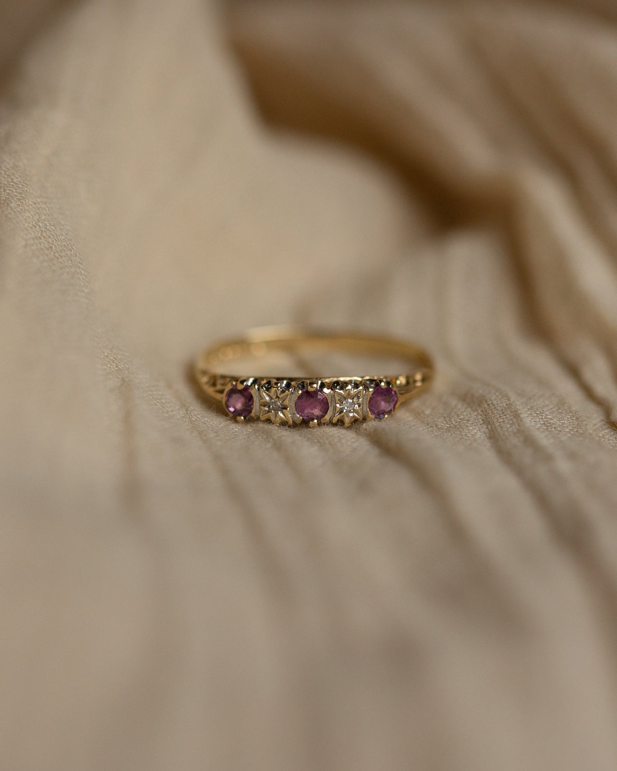 Frances 1989 Vintage 9ct Gold Ruby & Diamond Five Stone Ring