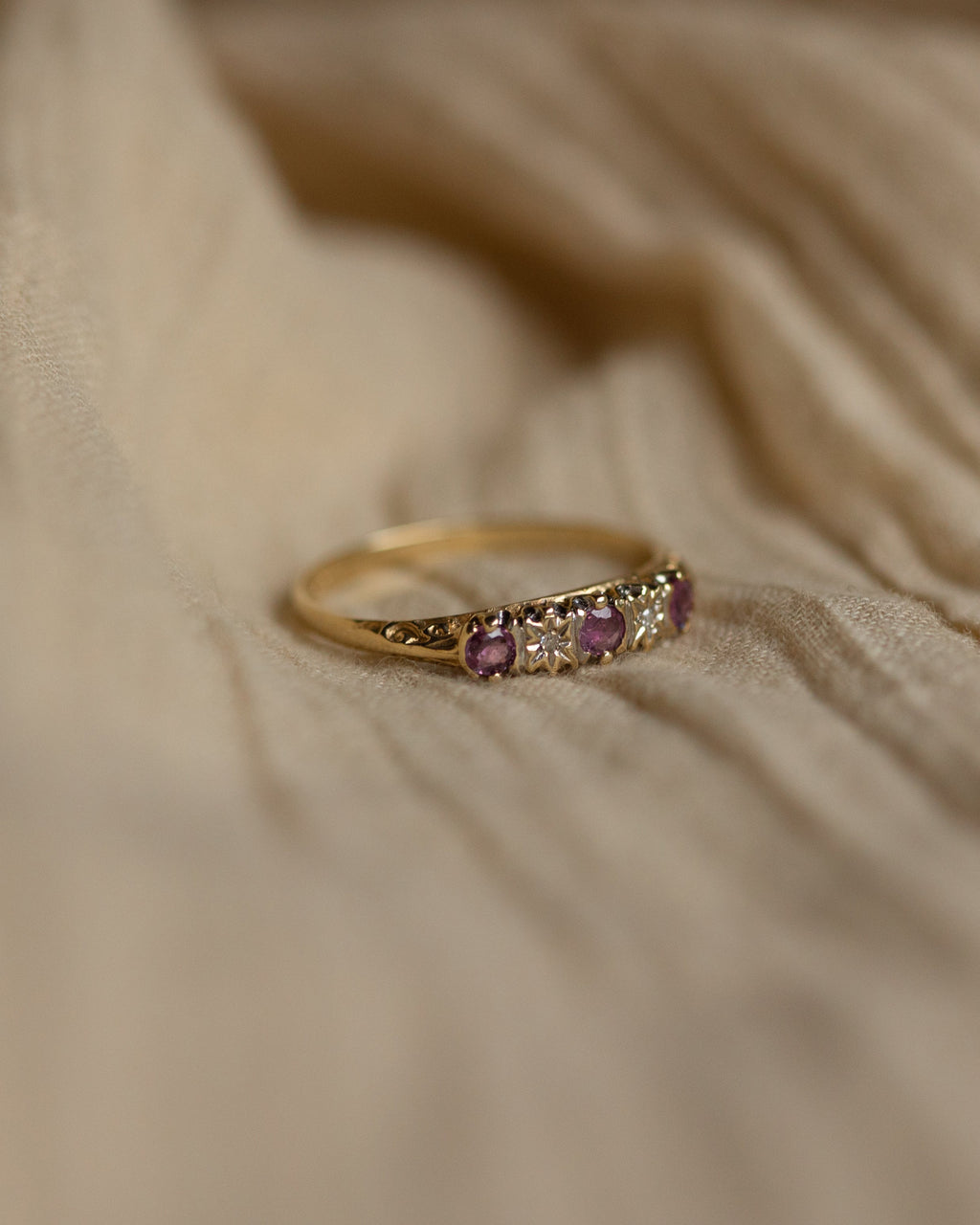 Frances 1989 Vintage 9ct Gold Ruby & Diamond Five Stone Ring