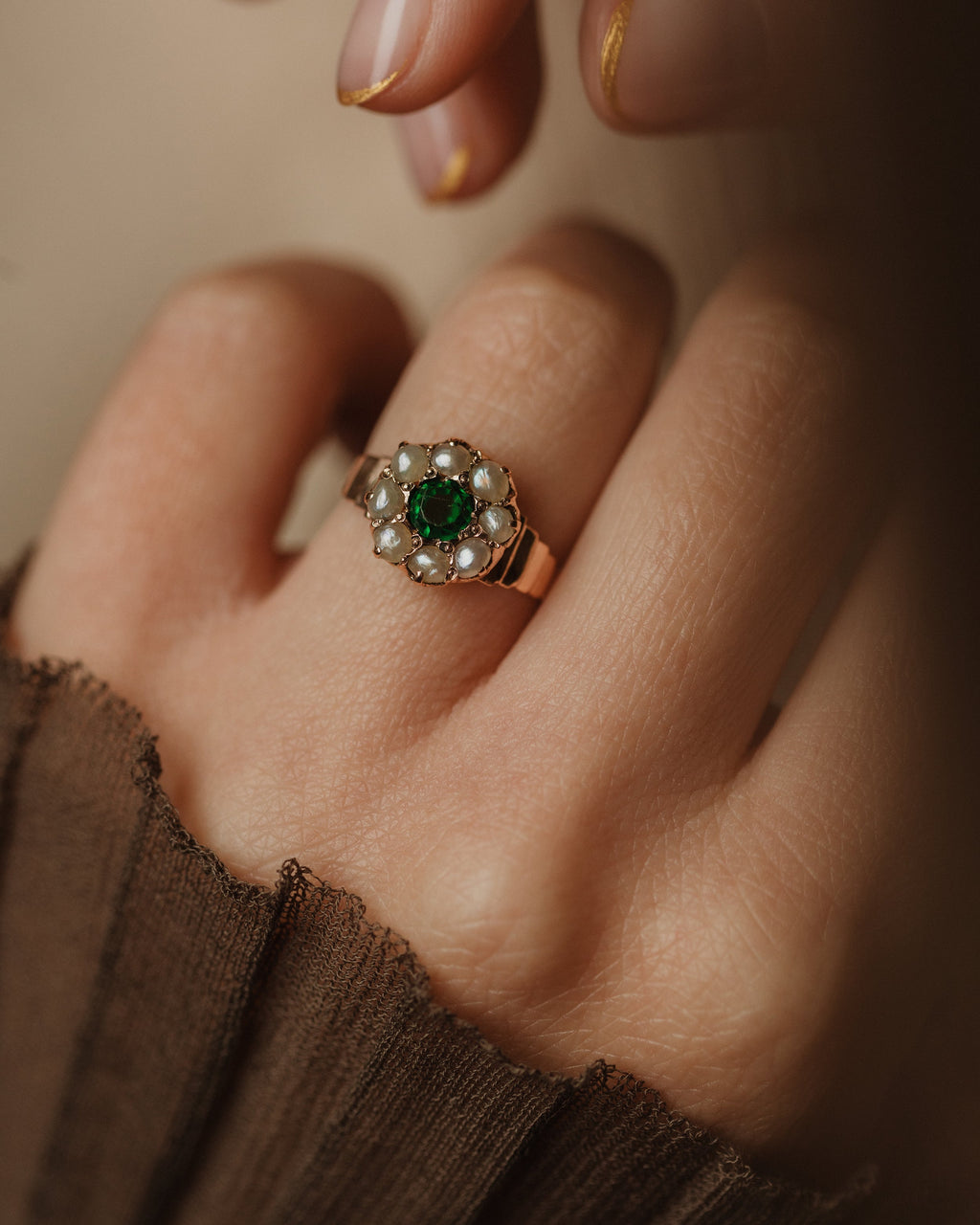 Lottie Antique 9ct Gold Green Paste & Pearl Cluster Ring