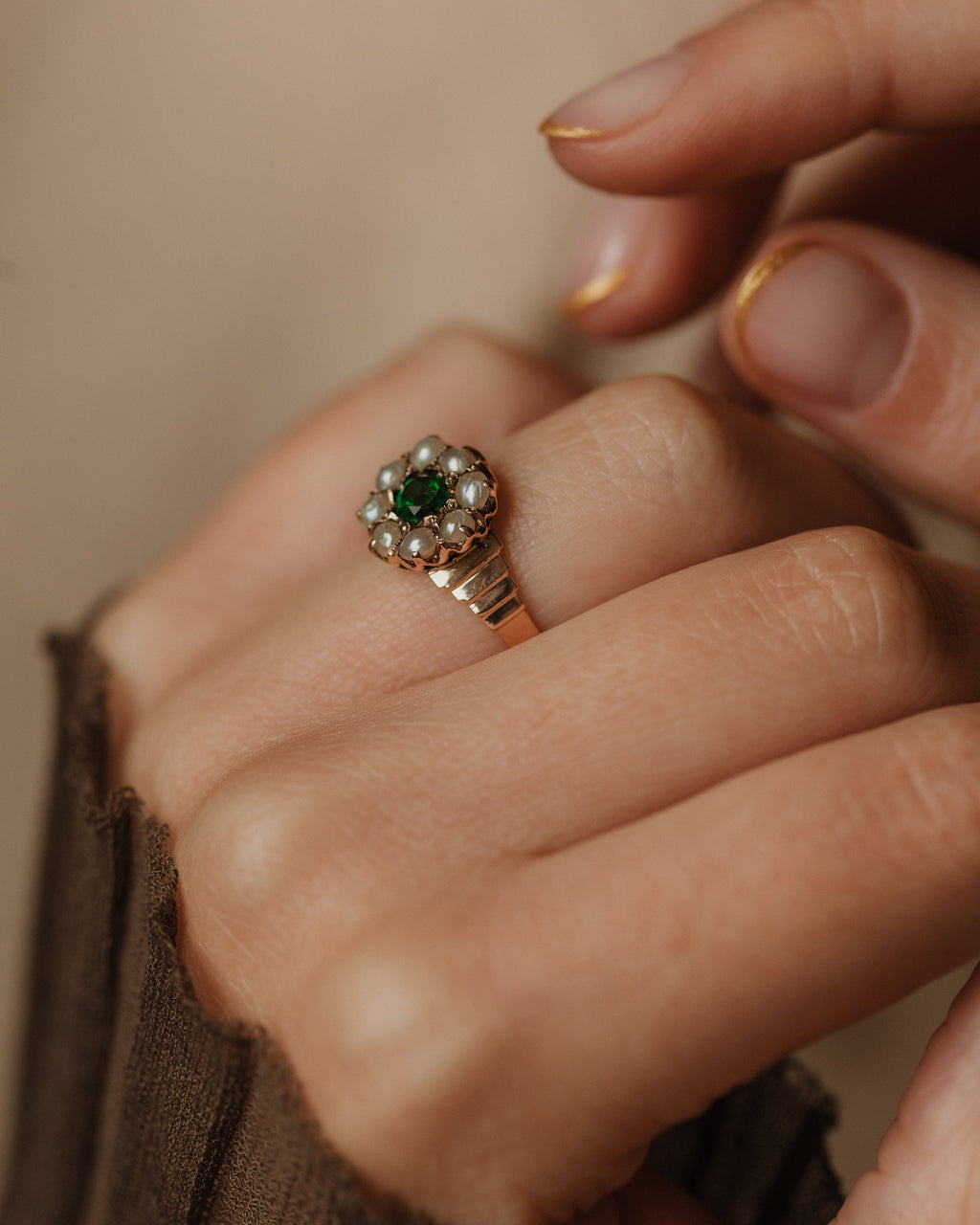 Lottie Antique 9ct Gold Green Paste & Pearl Cluster Ring