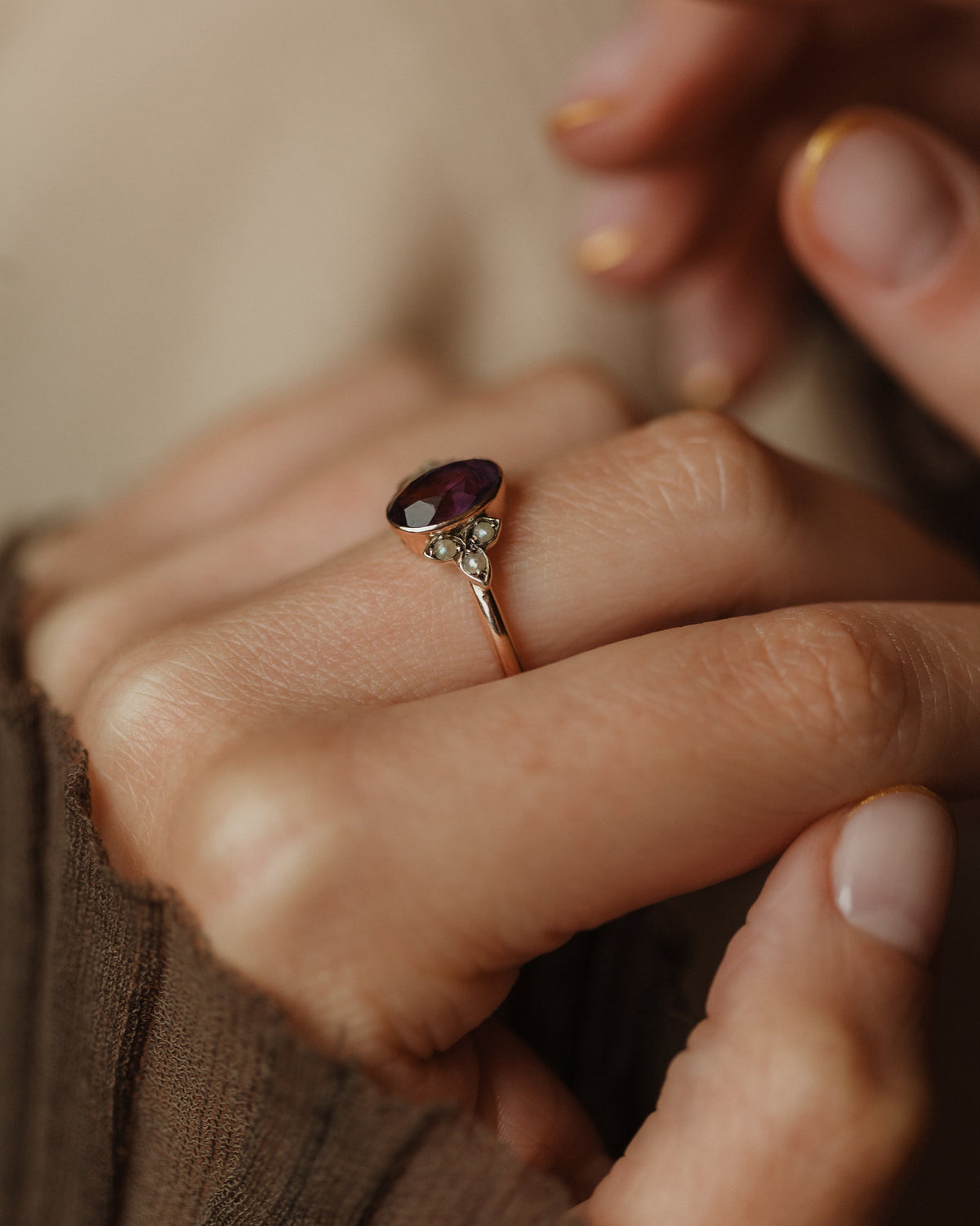 Perla 1916 Antique 9ct Gold Amethyst & Pearl Ring