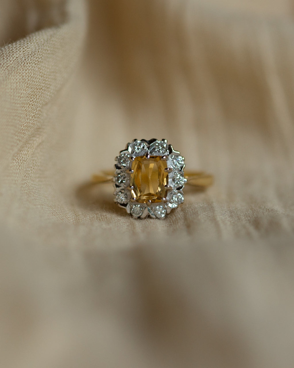 Hortense 1974 Vintage 18ct Gold Citrine & Diamond Cluster Ring