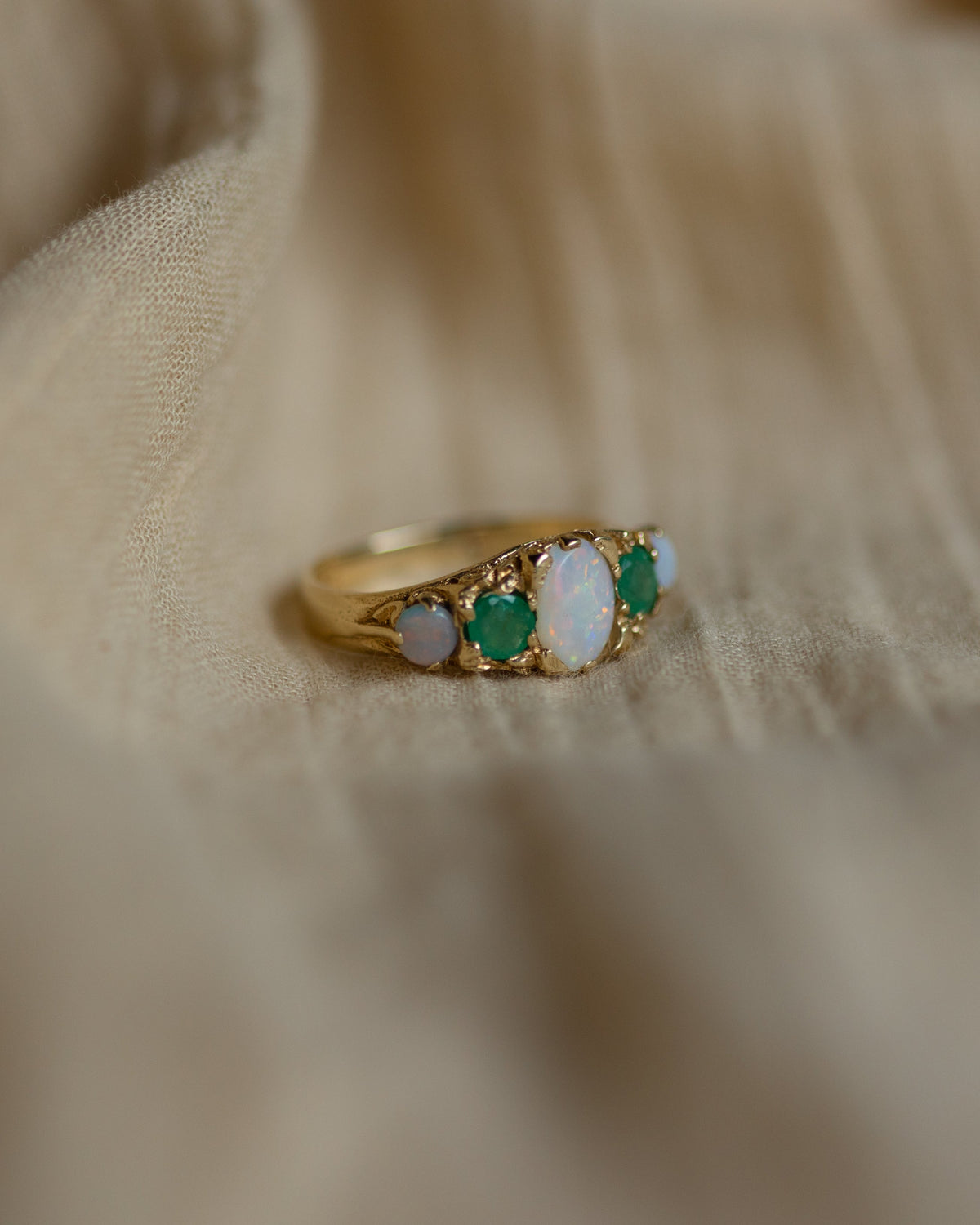 Bertha 1975 Vintage 9ct Gold Opal & Emerald Five Stone Ring