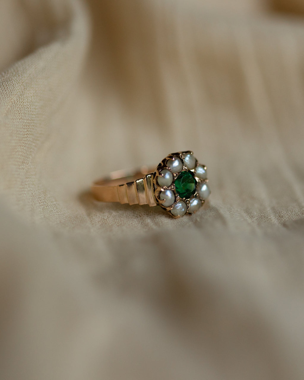 Lottie Antique 9ct Gold Green Paste & Pearl Cluster Ring