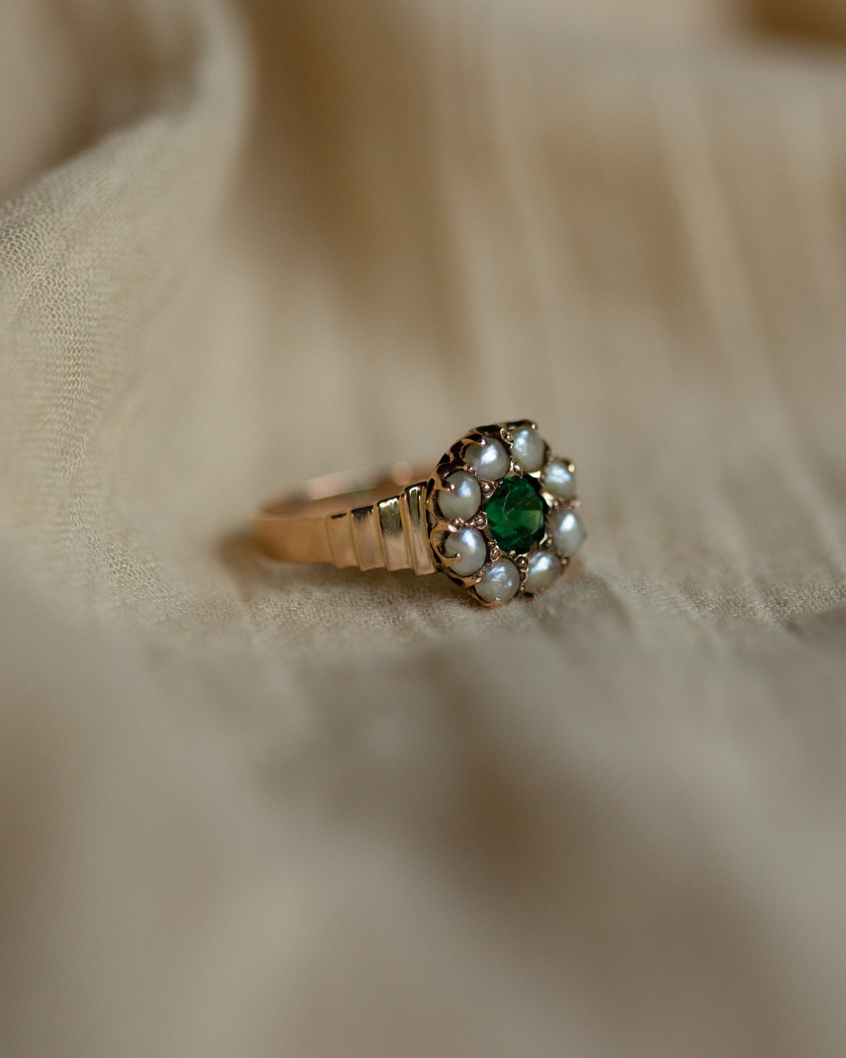 Lottie Antique 9ct Gold Green Paste & Pearl Cluster Ring