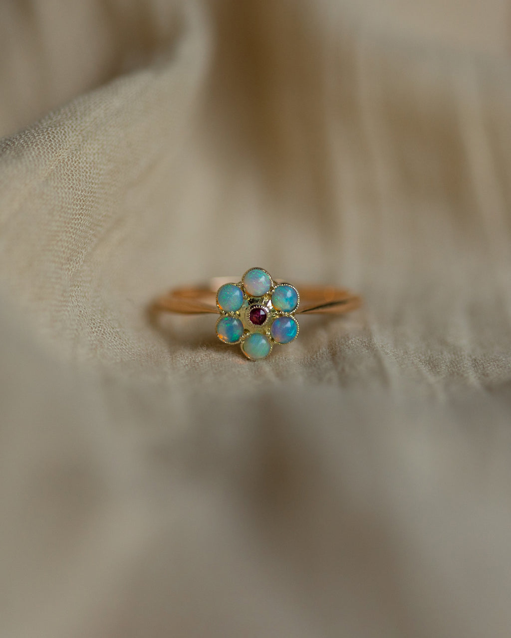 Rosa Vintage 9ct Gold Ruby & Opal Daisy Cluster Ring