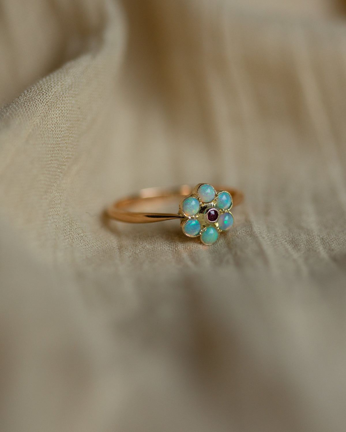 Rosa Vintage 9ct Gold Ruby & Opal Daisy Cluster Ring