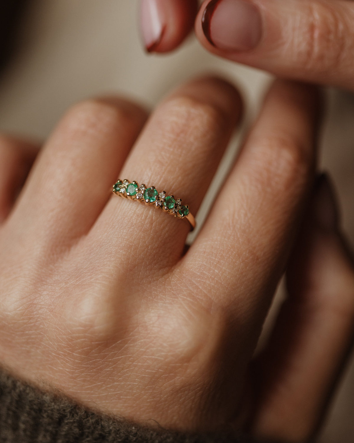 Lowrie Vintage 9ct Gold Emerald & Diamond Half Eternity Ring