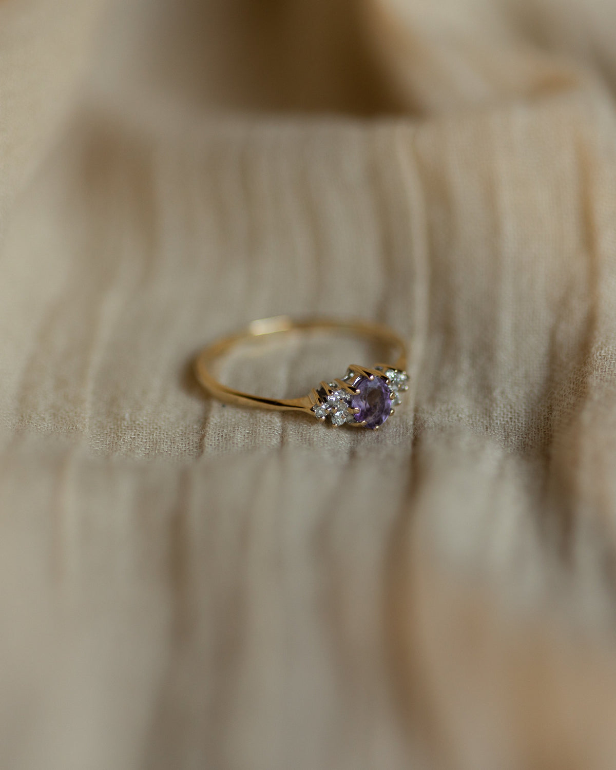 Olwyn 1995 Vintage 9ct Gold Amethyst & Diamond Seven Stone Ring