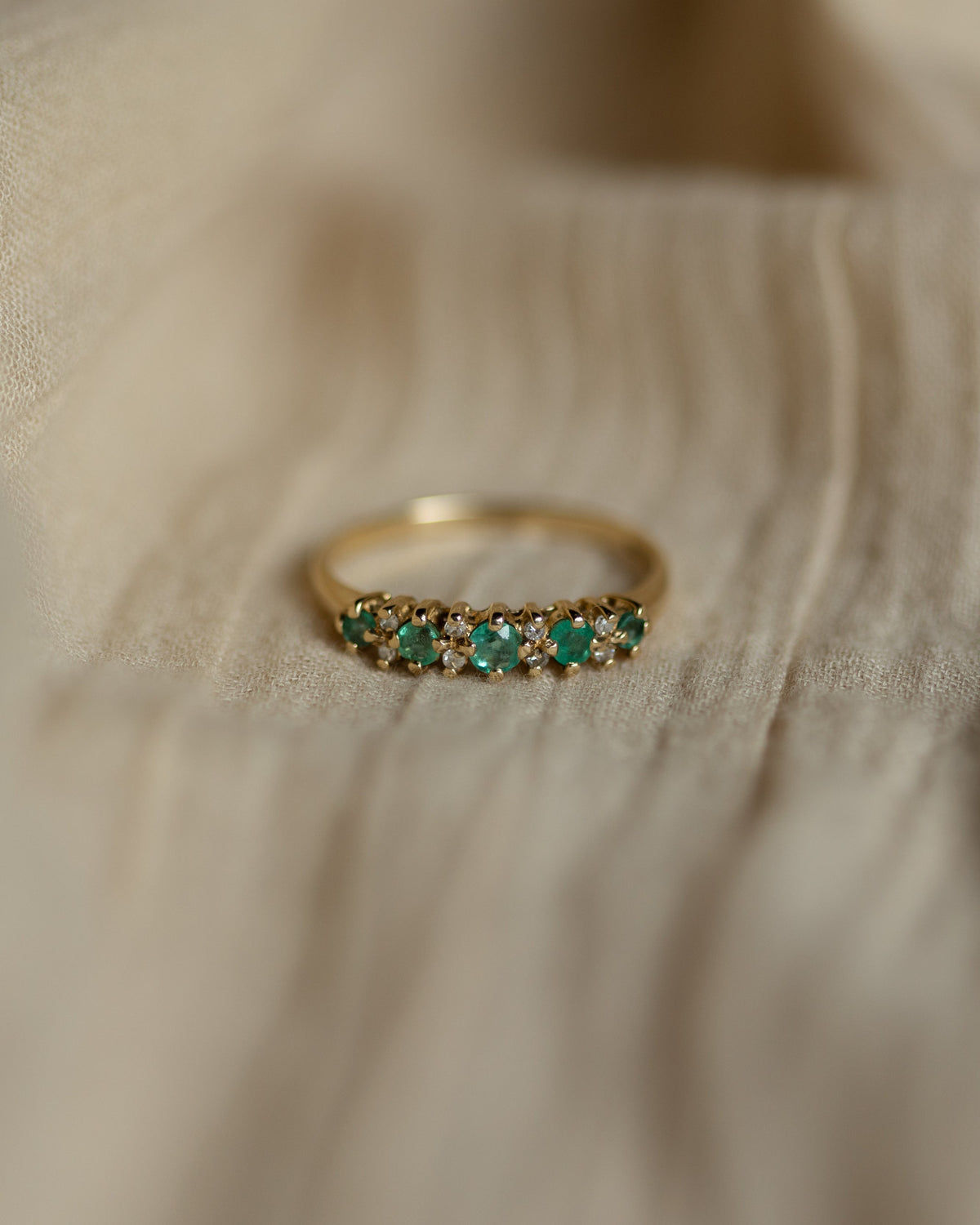Lowrie Vintage 9ct Gold Emerald & Diamond Half Eternity Ring