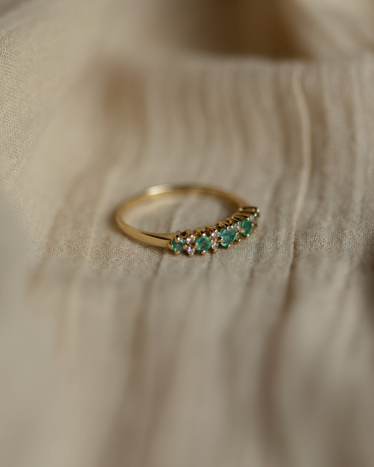 Lowrie Vintage 9ct Gold Emerald & Diamond Half Eternity Ring