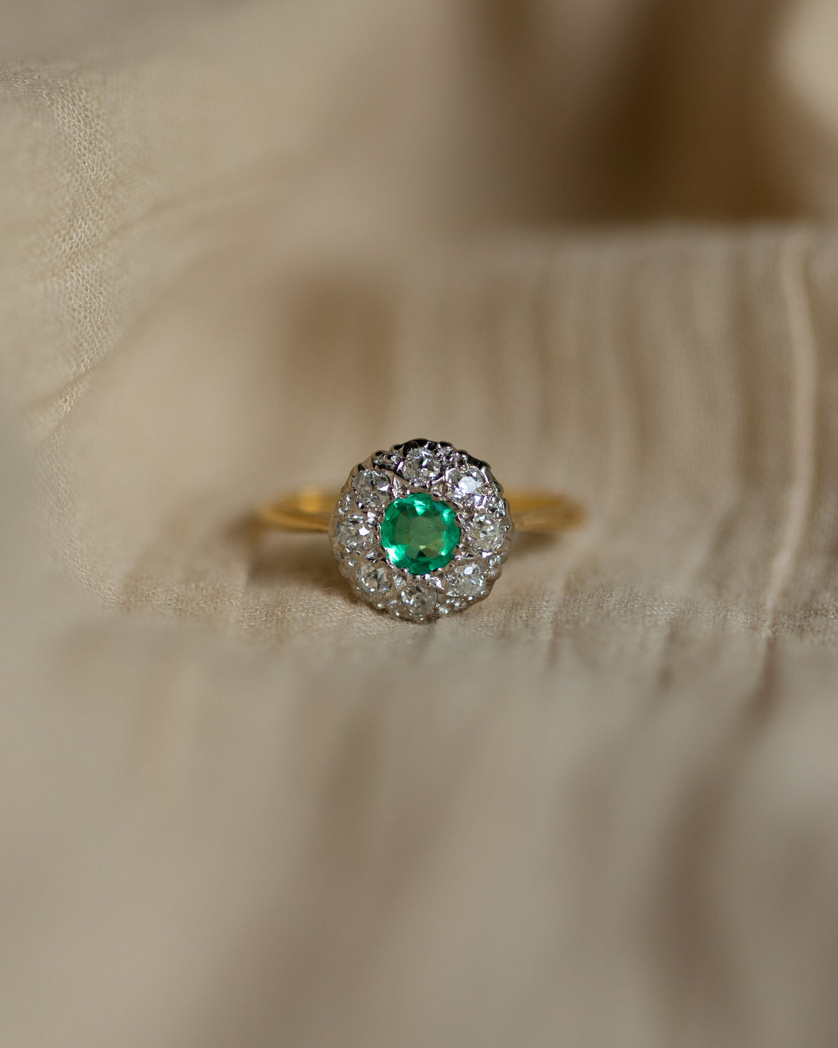 Nancy Antique 18ct Gold Emerald & Diamond Cluster Ring