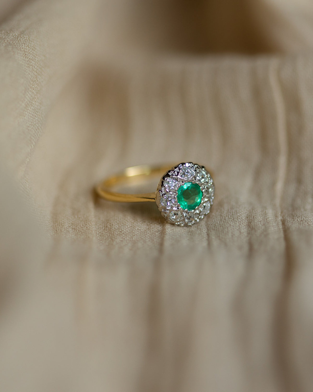 Nancy Antique 18ct Gold Emerald & Diamond Cluster Ring