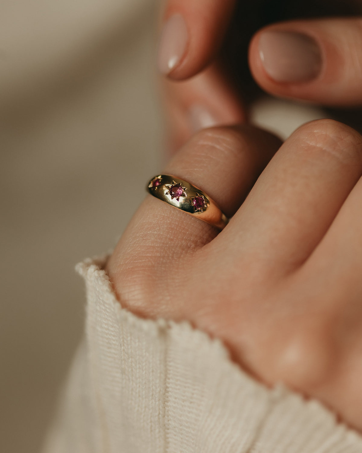 Annie 1973 Vintage 9ct Gold Ruby Trilogy Ring
