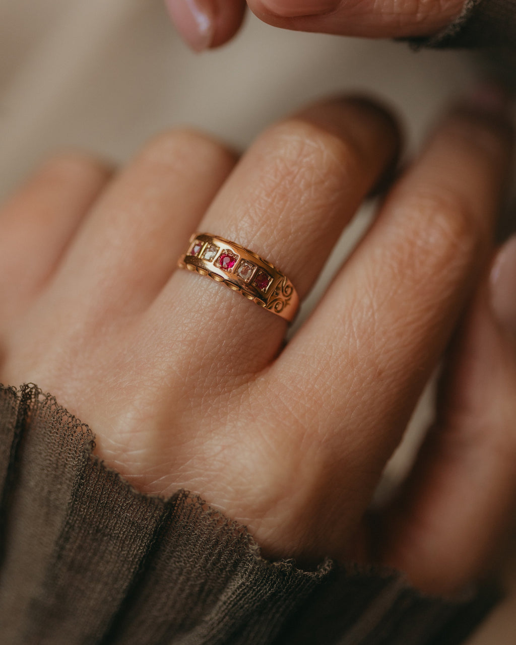 Kitty 1890 Antique 15ct Gold Ruby & Diamond Five Stone Ring
