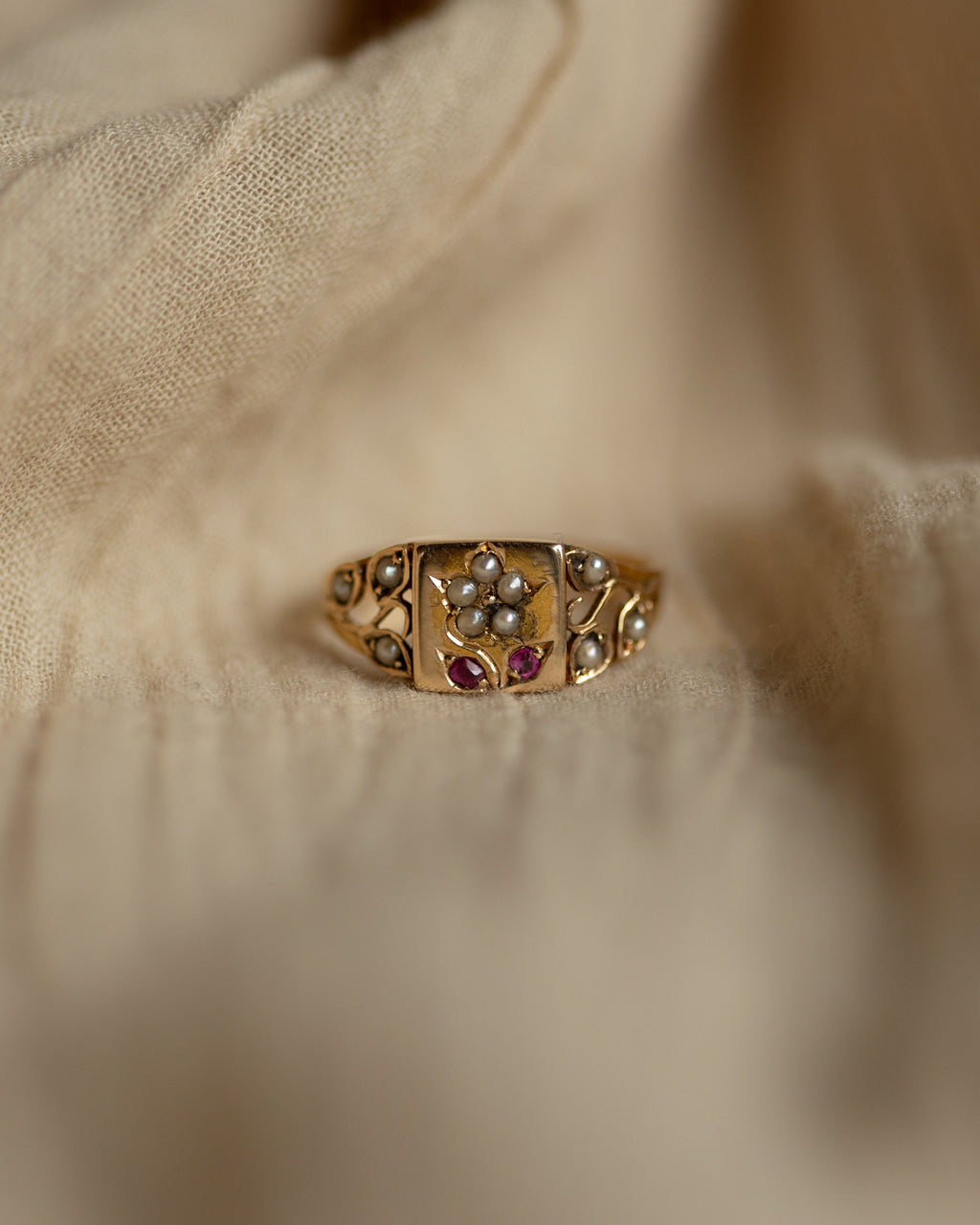 Max 1879 Antique 15ct Gold Pearl & Ruby Forget-Me-Not Ring