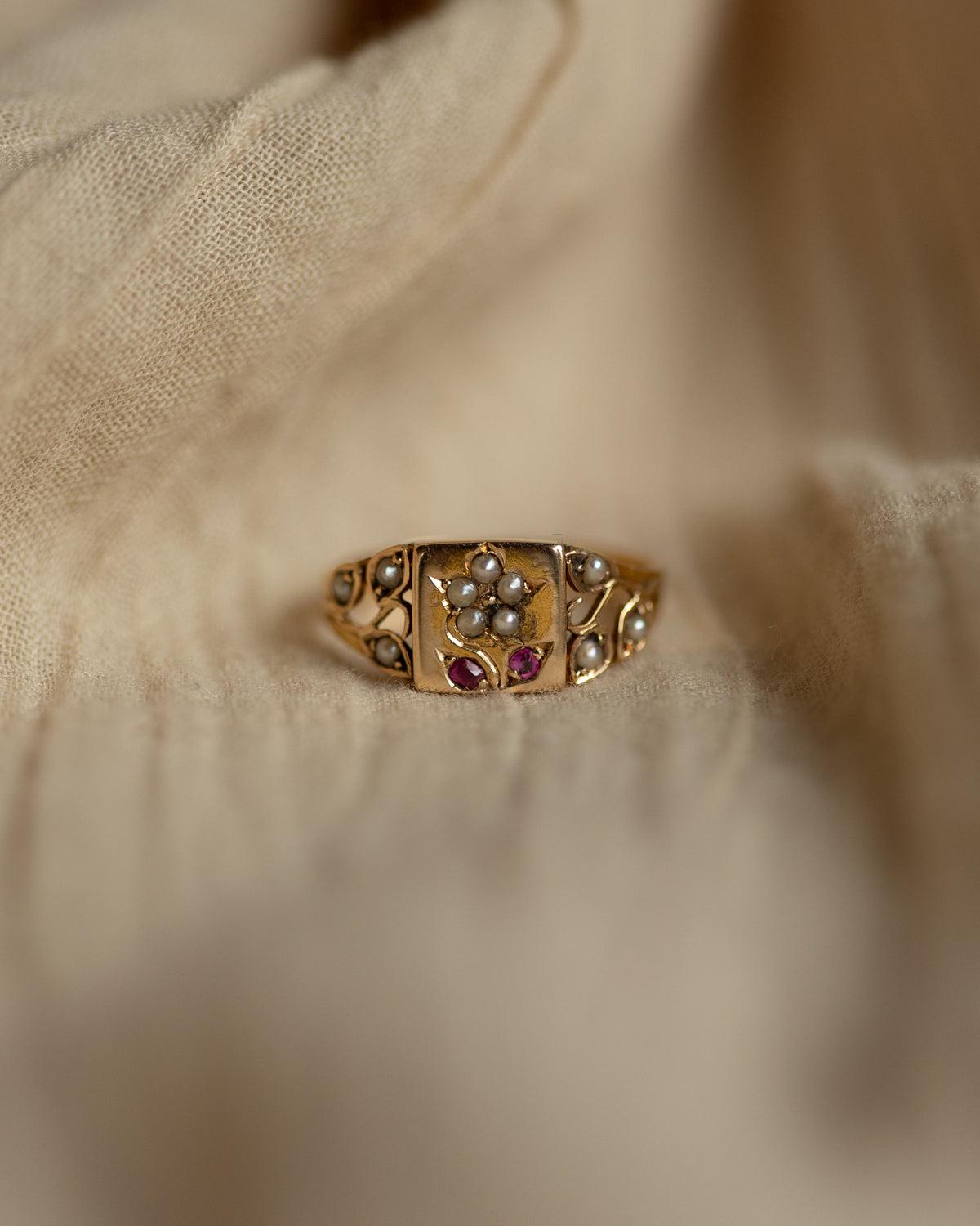 Max 1879 Antique 15ct Gold Pearl & Ruby Forget-Me-Not Ring
