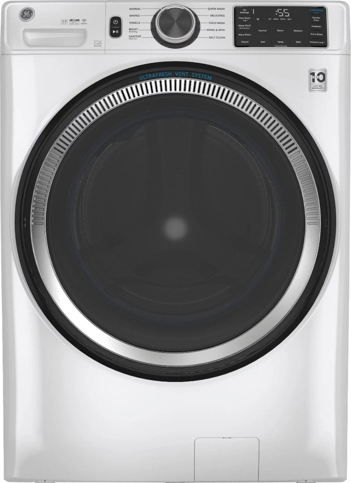 GE – 4.8 CuFt High-Efficiency Stackable Smart Front Load Washer w/UltraFresh Vent System & Microban Antimicrobial Technology – White on white image 5