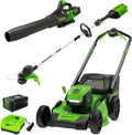 Greenworks 80V 21” Lawn Mower, 13” String Trimmer, and 730 Leaf Blowers. image 0