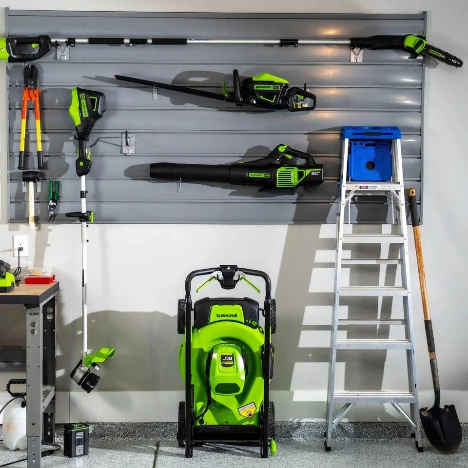 Greenworks 80V 21” Lawn Mower, 13” String Trimmer, and 730 Leaf Blowers. image 1