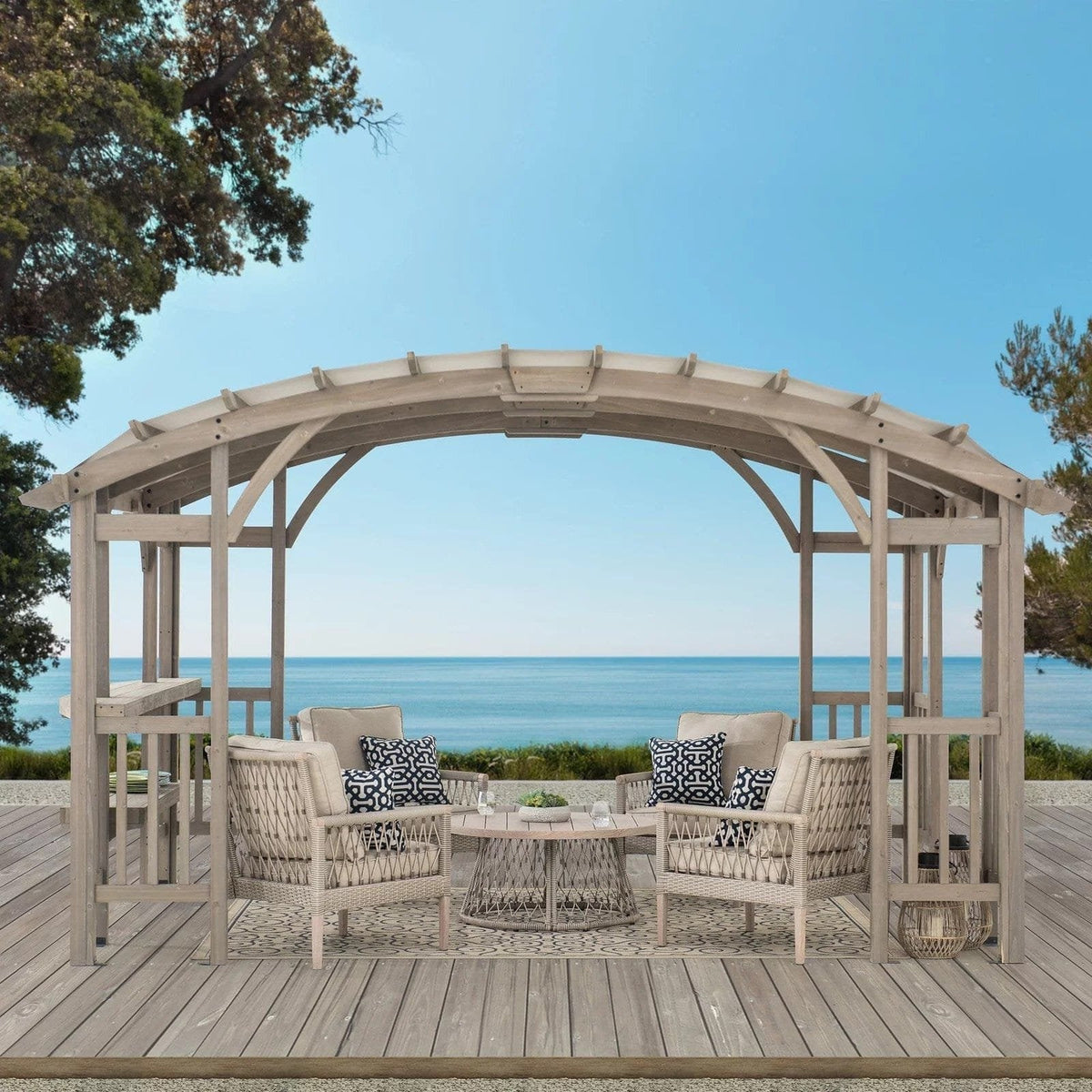 SummerCove 10 ft. x 14 ft. Light Gray Cedar Frame Arched Pergola with Shelves image 0