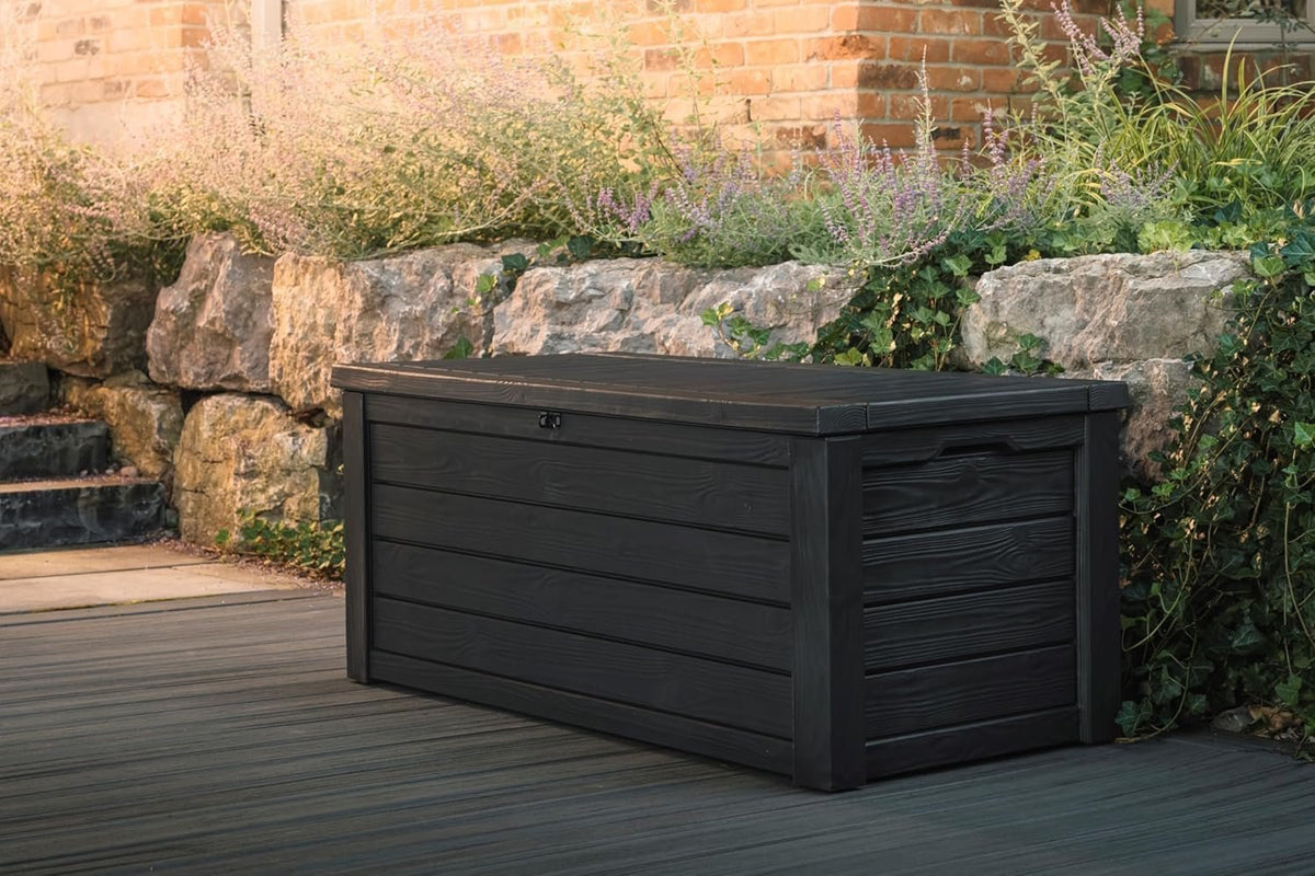 Keter Westwood 150-Gallon Resin Outdoor Storage Box | Weather-Resistant Deck Bin for Patio Cushions, Garden Tools & Pool Accessories – Dark Grey image 5