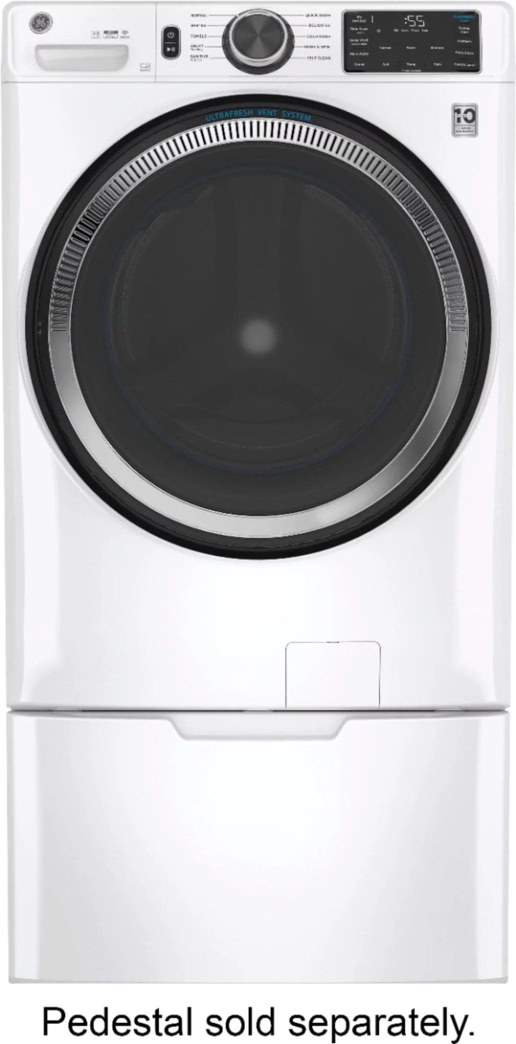 GE – 4.8 CuFt High-Efficiency Stackable Smart Front Load Washer w/UltraFresh Vent System & Microban Antimicrobial Technology – White on white image 0