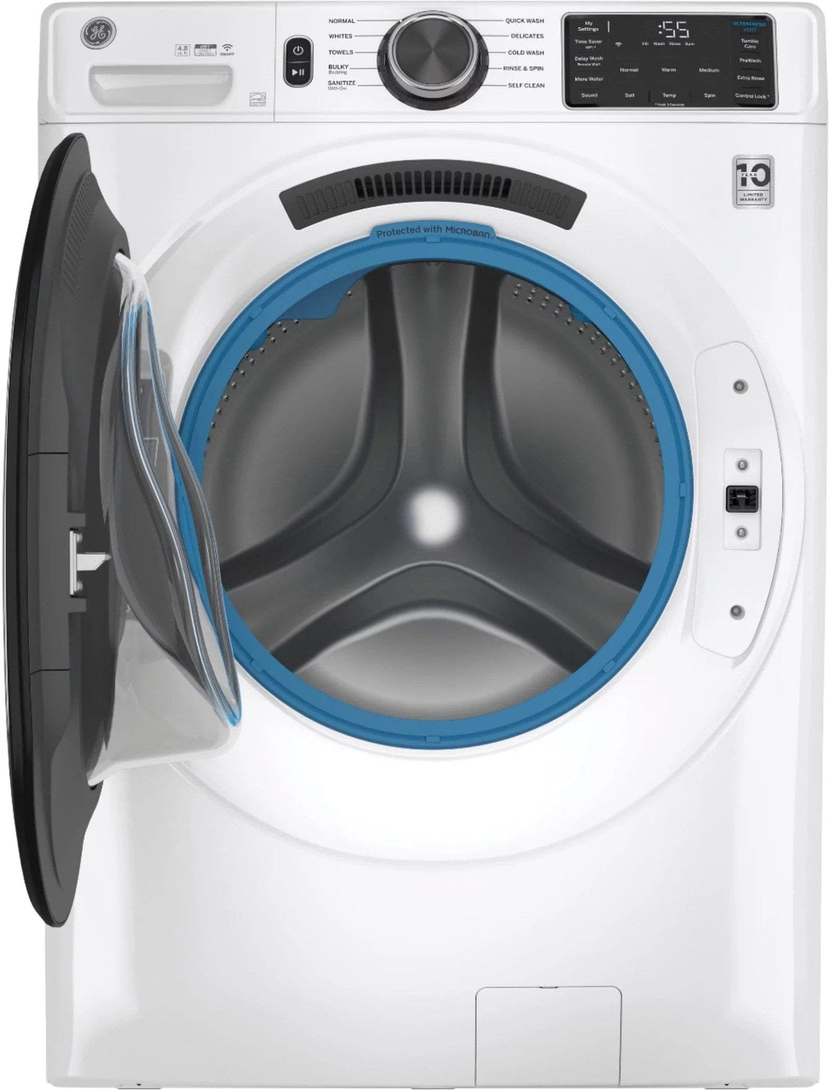 GE – 4.8 CuFt High-Efficiency Stackable Smart Front Load Washer w/UltraFresh Vent System & Microban Antimicrobial Technology – White on white image 1