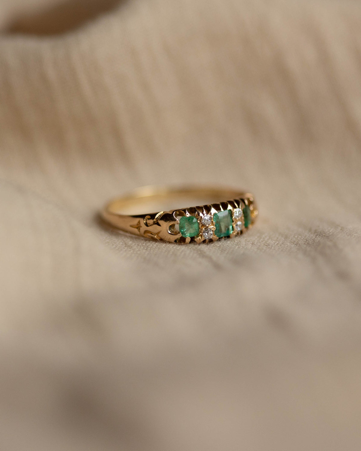 Verity Antique 18ct Gold Emerald & Diamond Seven Stone Ring