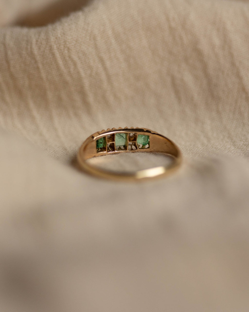 Verity Antique 18ct Gold Emerald & Diamond Seven Stone Ring