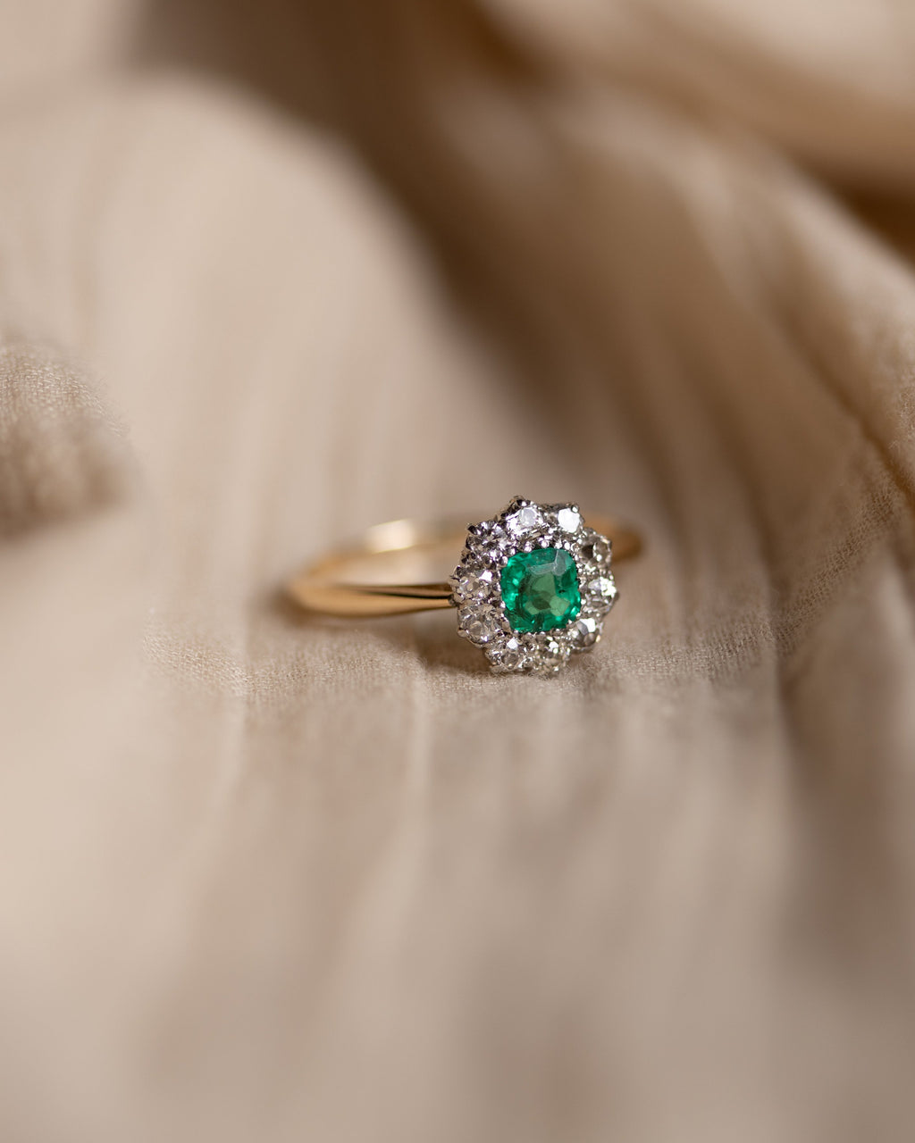 Fable Antique 18ct Gold Emerald & Diamond Cluster Ring