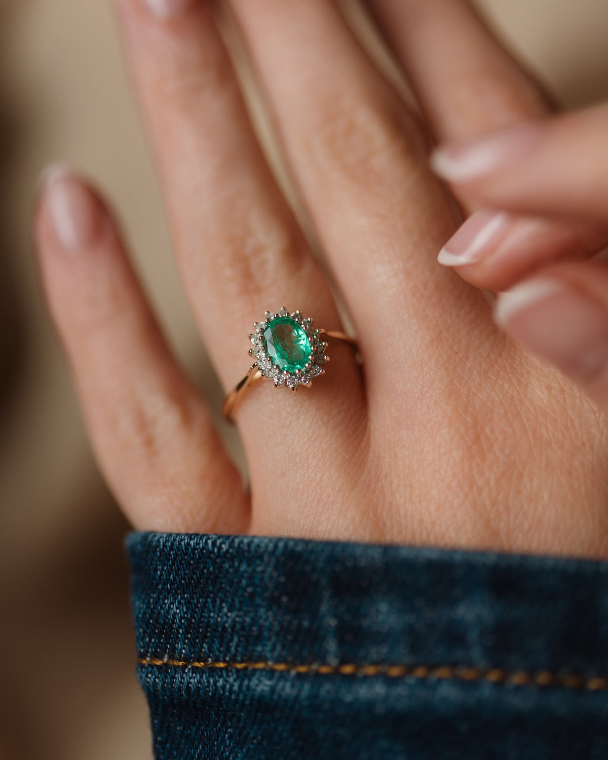 Mathilde Vintage 9ct Gold Emerald & Diamond Cluster Ring