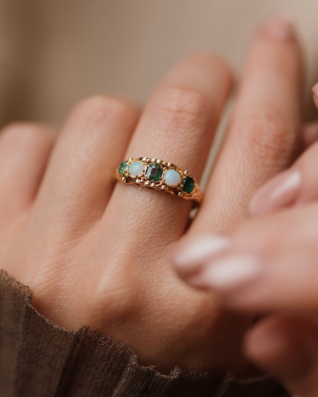 Cressida Antique Victorian 18ct Gold Emerald & Opal Five Stone Ring