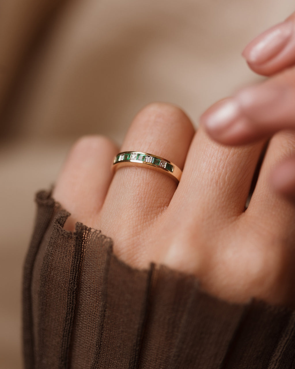 Letitia Vintage 9ct Gold Emerald & Diamond Half Eternity Ring