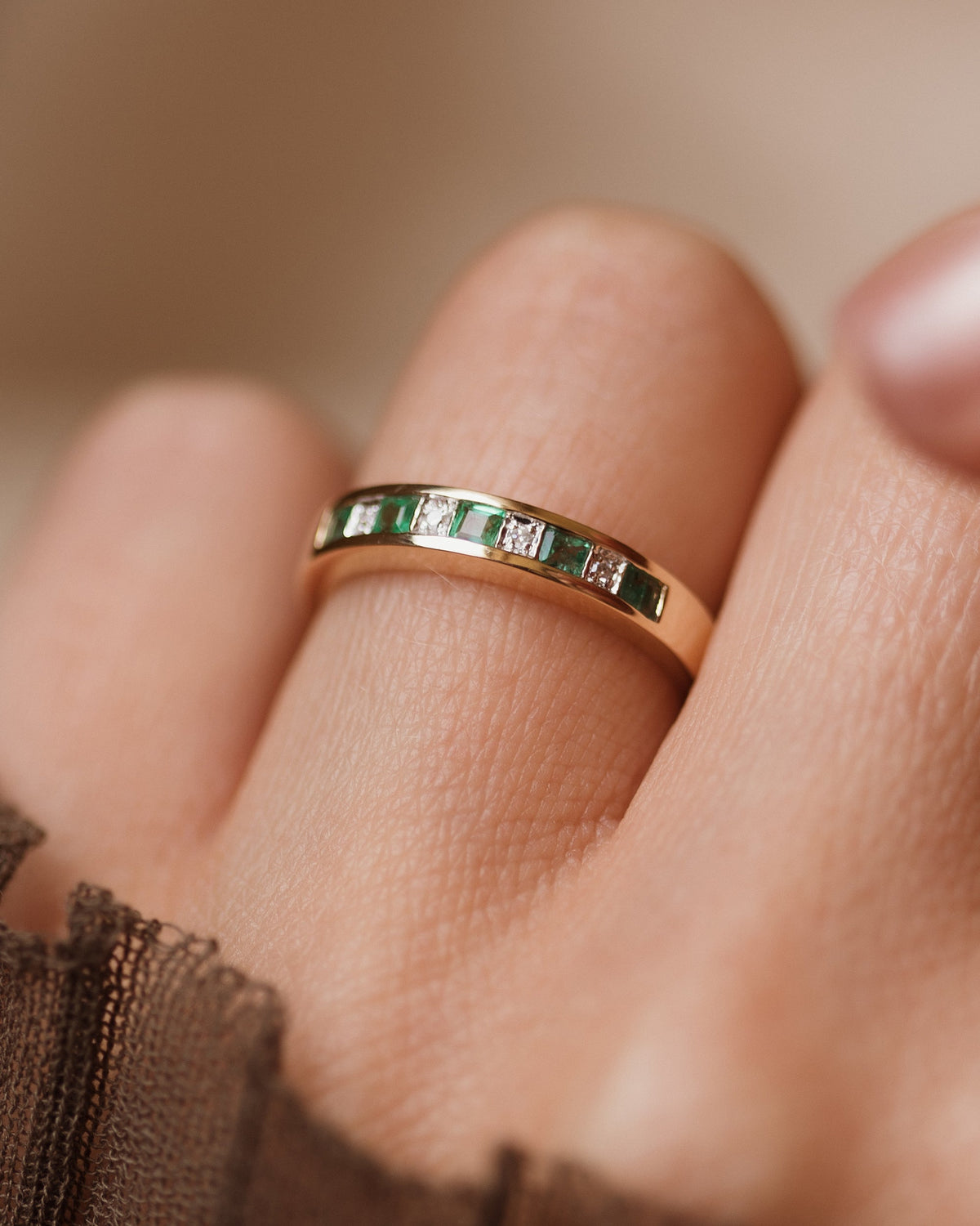 Letitia Vintage 9ct Gold Emerald & Diamond Half Eternity Ring