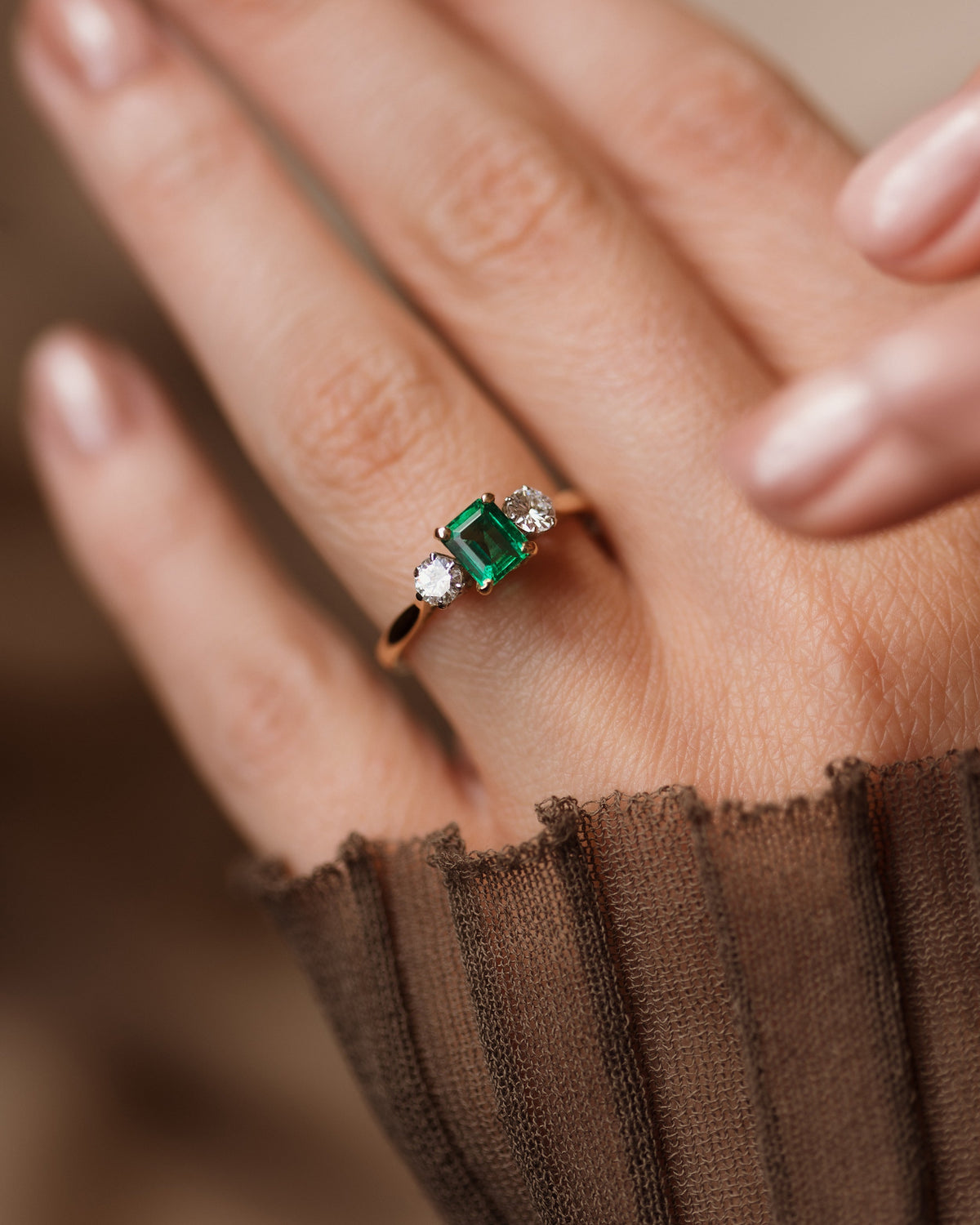 Francisca Vintage 18ct Gold Emerald & Diamond Trilogy Ring