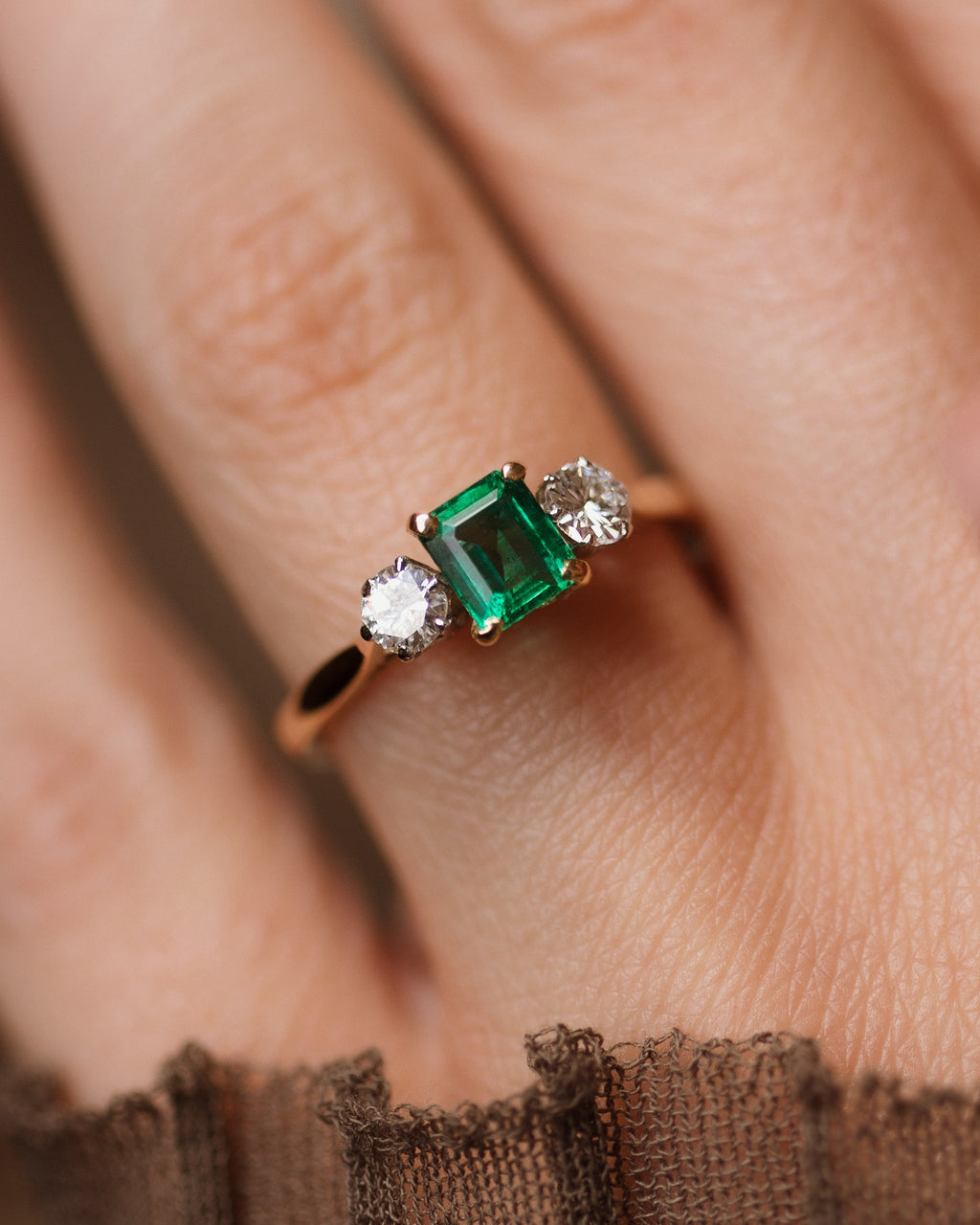 Francisca Vintage 18ct Gold Emerald & Diamond Trilogy Ring
