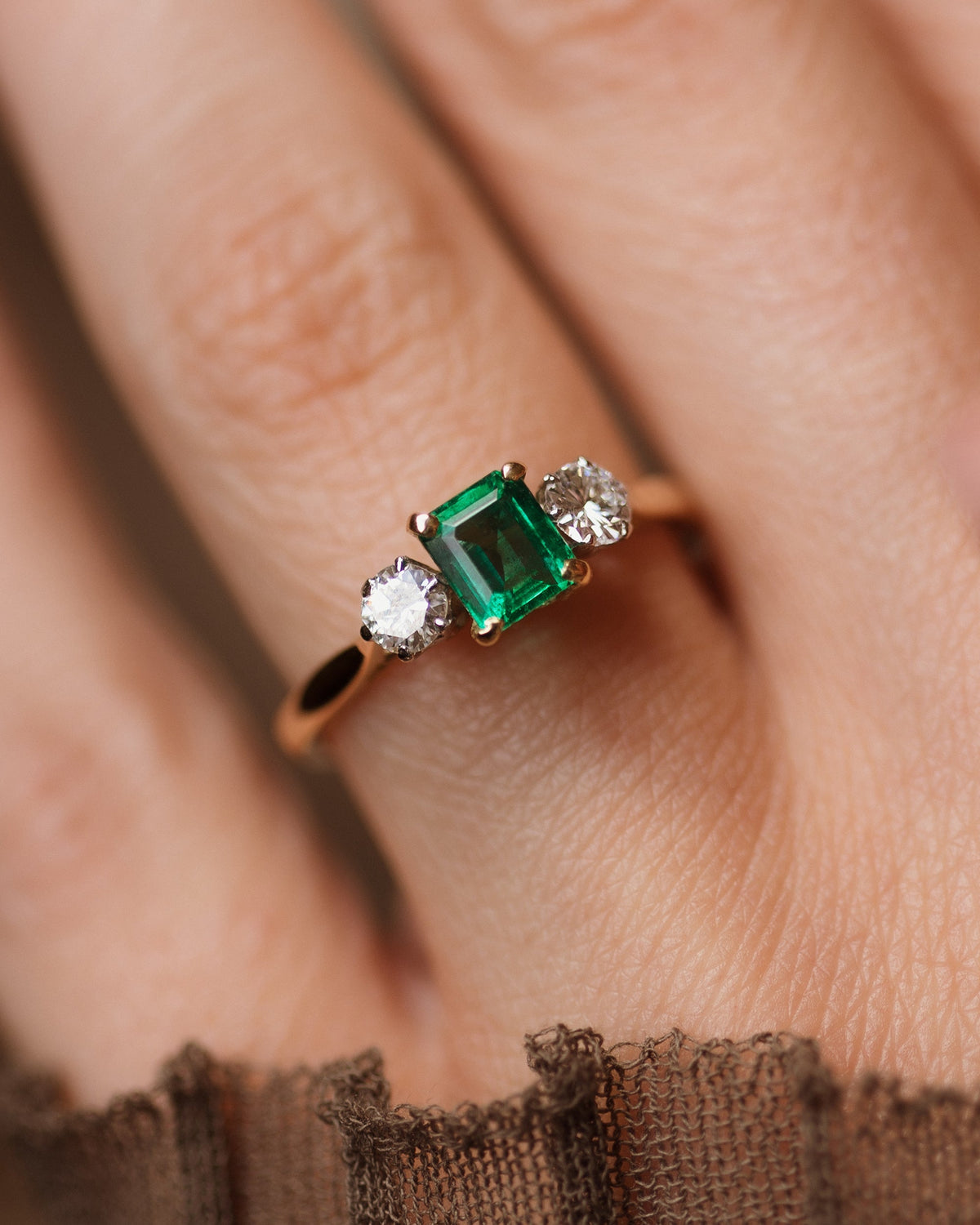 Francisca Vintage 18ct Gold Emerald & Diamond Trilogy Ring