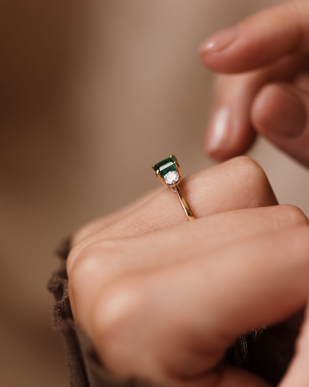 Francisca Vintage 18ct Gold Emerald & Diamond Trilogy Ring