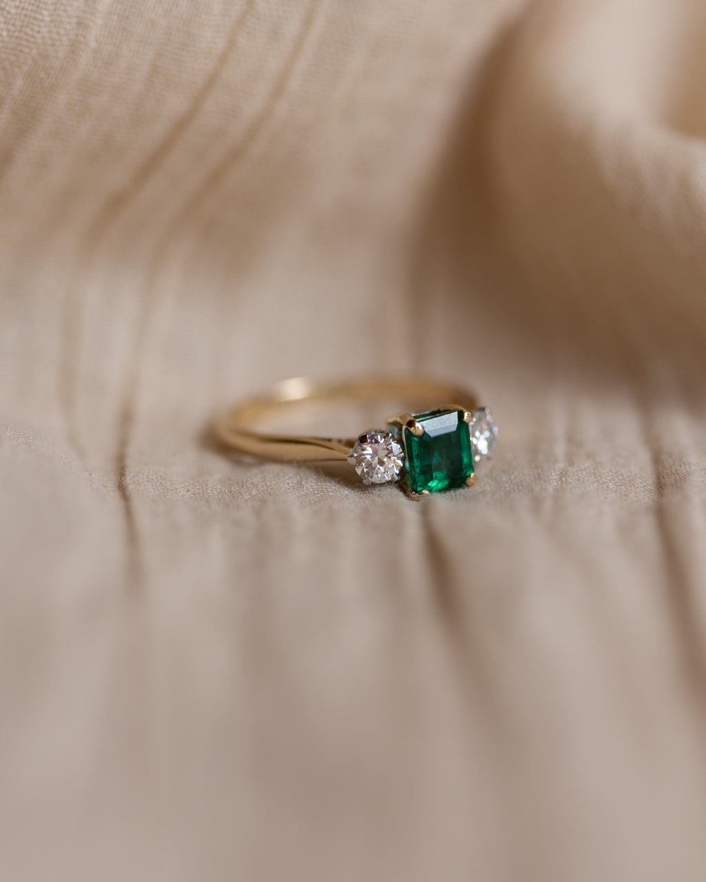 Francisca Vintage 18ct Gold Emerald & Diamond Trilogy Ring