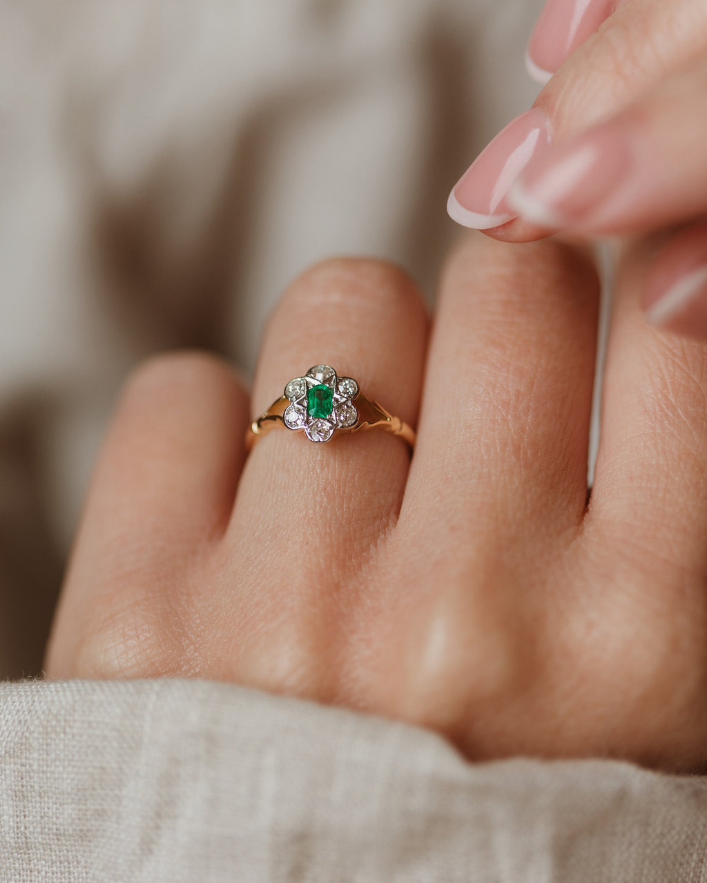 Eleanor Antique 14ct Gold Emerald & Diamond Cluster Ring