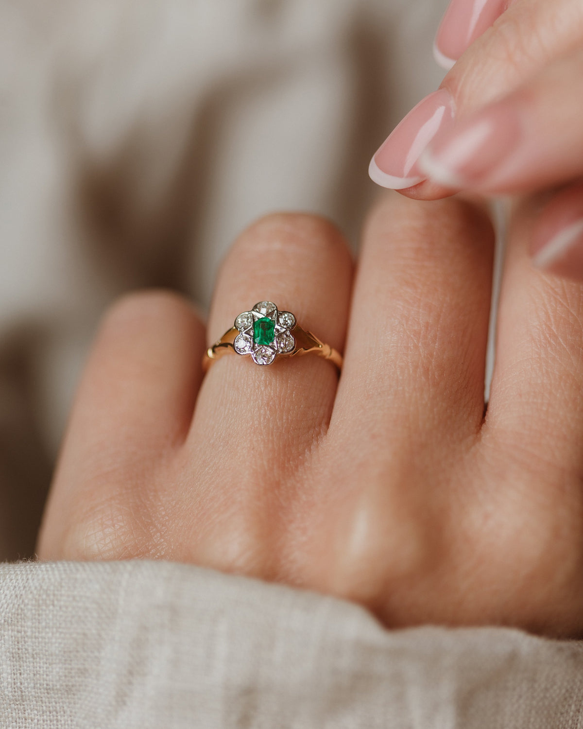 Eleanor Antique 14ct Gold Emerald & Diamond Cluster Ring