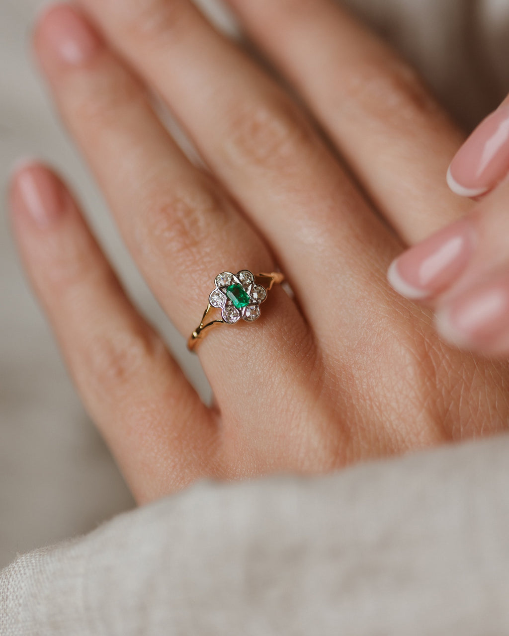 Eleanor Antique 14ct Gold Emerald & Diamond Cluster Ring